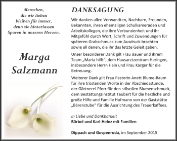 Traueranzeige von Marga Salzmann von Thüringer Allgemeine, Thüringische Landeszeitung