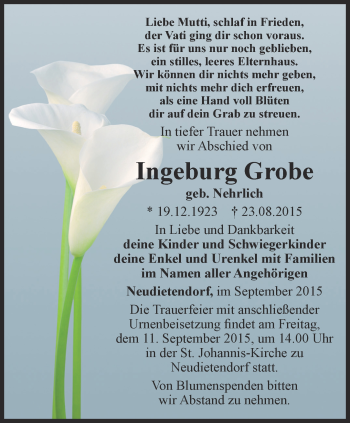 Traueranzeige von Ingeburg Grobe von Thüringer Allgemeine, Thüringische Landeszeitung