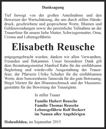 Traueranzeige von Elisabeth Reusche von Thüringer Allgemeine, Thüringische Landeszeitung