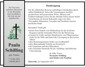 Traueranzeige von Paula Schilling von Thüringer Allgemeine