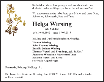 Traueranzeige von Helga Wirsing von Thüringer Allgemeine, Thüringische Landeszeitung