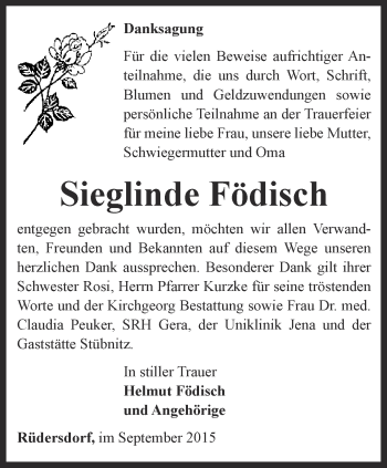 Traueranzeige von Sieglinde Födisch von Ostthüringer Zeitung