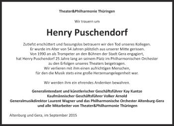 Traueranzeige von Henry Puschendorf von Ostthüringer Zeitung, Thüringische Landeszeitung