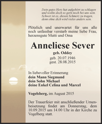 Traueranzeige von Anneliese Sever von Thüringer Allgemeine