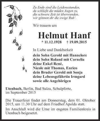 Traueranzeige von Helmut Hanf von Thüringer Allgemeine, Thüringische Landeszeitung