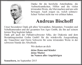 Traueranzeige von Andreas Bischoff von Ostthüringer Zeitung, Thüringische Landeszeitung