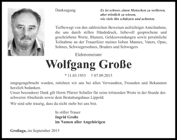 Traueranzeige von Wolfgang Große von Ostthüringer Zeitung