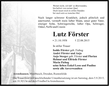 Traueranzeige von Lutz Förster von Thüringer Allgemeine