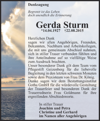 Traueranzeige von Gerda Sturm von Ostthüringer Zeitung, Thüringische Landeszeitung