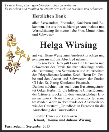 Traueranzeige von Helga Wirsing von Thüringer Allgemeine, Thüringische Landeszeitung