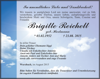 Traueranzeige von Brigitte Reichelt von Ostthüringer Zeitung