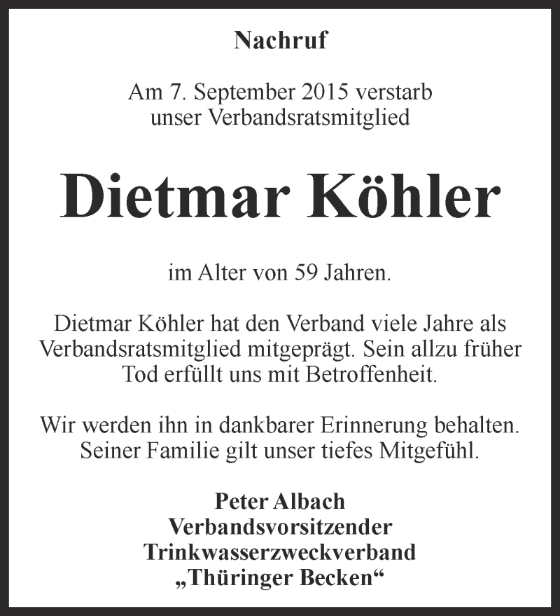  Traueranzeige für Dietmar Köhler vom 23.09.2015 aus Thüringer Allgemeine