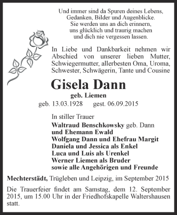 Traueranzeige von Gisela Dann von Ostthüringer Zeitung, Thüringische Landeszeitung