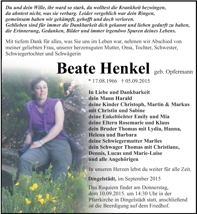  Traueranzeige für Beate Henkel vom 08.09.2015 aus Thüringer Allgemeine, Thüringische Landeszeitung