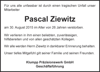 Traueranzeige von Pascal Ziewitz von Ostthüringer Zeitung