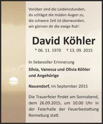 Traueranzeige von David Köhler von Ostthüringer Zeitung