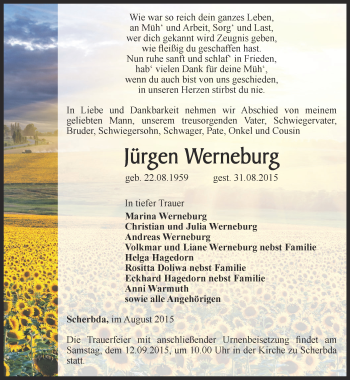 Traueranzeige von Jürgen Werneburg von Thüringer Allgemeine, Thüringische Landeszeitung