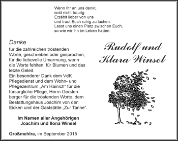 Traueranzeige von Rudolf und Klara Winsel von Thüringer Allgemeine, Thüringische Landeszeitung