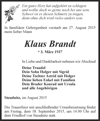 Traueranzeige von Klaus Brandt von Ostthüringer Zeitung, Thüringische Landeszeitung