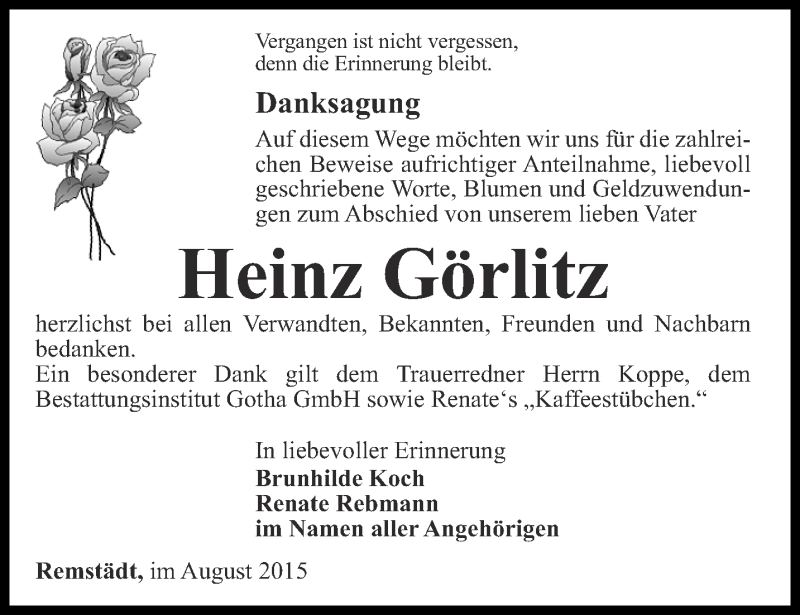  Traueranzeige für Heinz Görlitz vom 04.09.2015 aus Ostthüringer Zeitung, Thüringische Landeszeitung