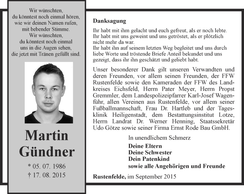  Traueranzeige für Martin Gündner vom 12.09.2015 aus Thüringer Allgemeine