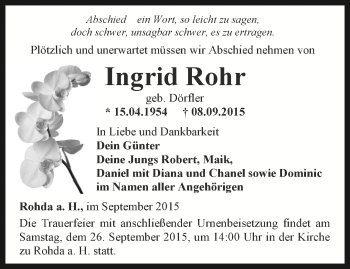 Traueranzeige von Ingrid Rohr von Thüringer Allgemeine, Thüringische Landeszeitung
