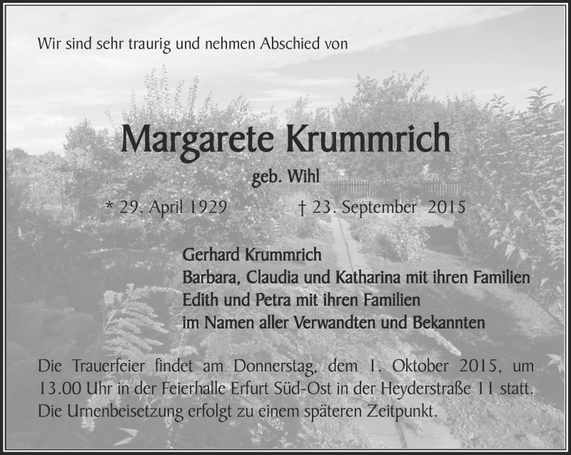  Traueranzeige für Margarete Krummrich vom 26.09.2015 aus Thüringer Allgemeine, Thüringische Landeszeitung