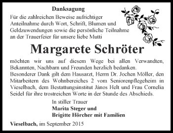 Traueranzeige von Margarete Schröter von Thüringer Allgemeine, Thüringische Landeszeitung