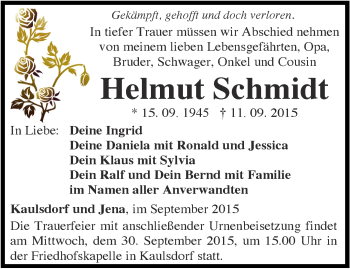 Traueranzeige von Helmut Schmidt von Ostthüringer Zeitung