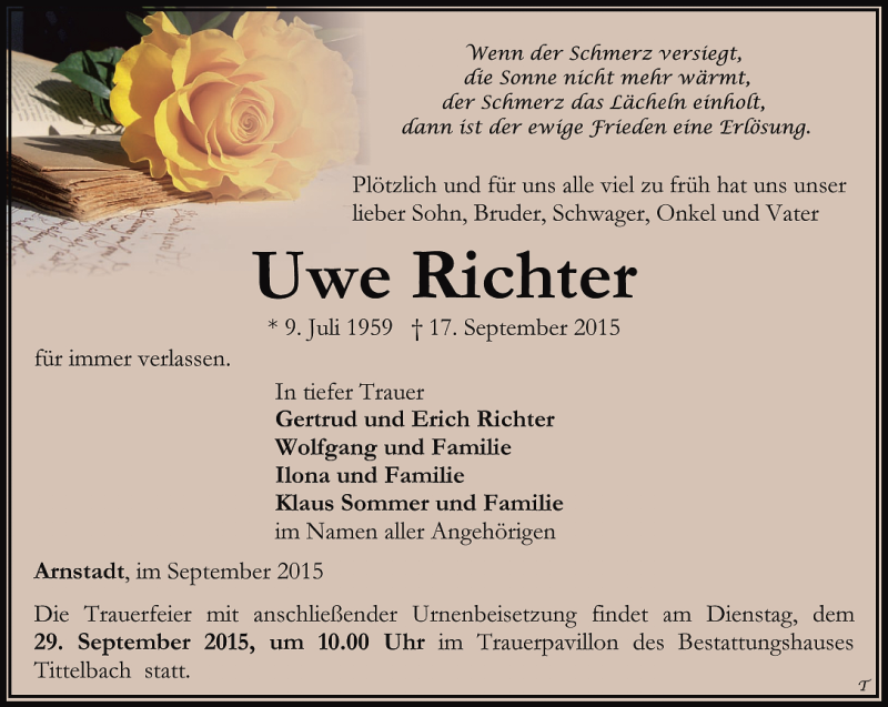 Traueranzeige für Uwe Richter vom 24.09.2015 aus Thüringer Allgemeine