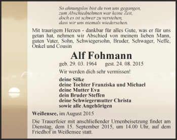 Traueranzeige von Alf Fohmann von Thüringer Allgemeine