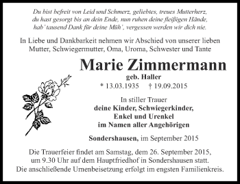 Traueranzeige von Marie Zimmermann von Thüringer Allgemeine