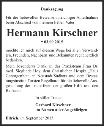 Traueranzeige von Hermann Kirschner von Thüringer Allgemeine
