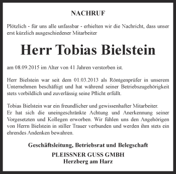 Traueranzeige von Tobias Bielstein von Thüringer Allgemeine