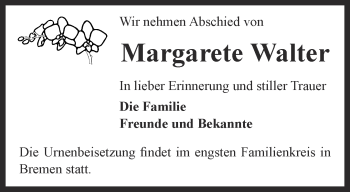 Traueranzeige von Margarete Walter von Ostthüringer Zeitung, Thüringische Landeszeitung