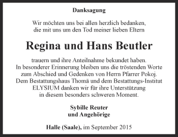 Traueranzeige von Regina und Hans Beutler von Thüringer Allgemeine, Thüringische Landeszeitung