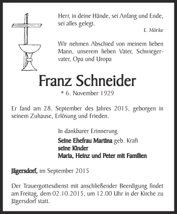 Traueranzeige von Franz Schneider von Ostthüringer Zeitung, Thüringische Landeszeitung
