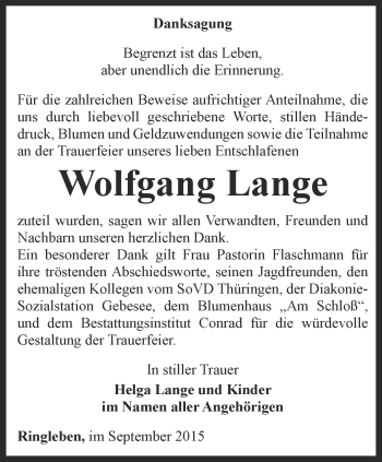 Traueranzeige von Wolfgang Lange von Thüringer Allgemeine, Thüringische Landeszeitung