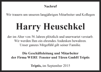 Traueranzeige von Harry Heuschkel von Ostthüringer Zeitung