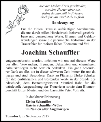 Traueranzeige von Joachim Schauffler   von Thüringer Allgemeine, Thüringische Landeszeitung