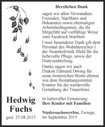 Traueranzeige von Hedwig Fuchs von Thüringer Allgemeine
