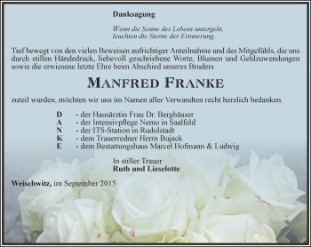 Traueranzeige von Manfred Franke von Ostthüringer Zeitung