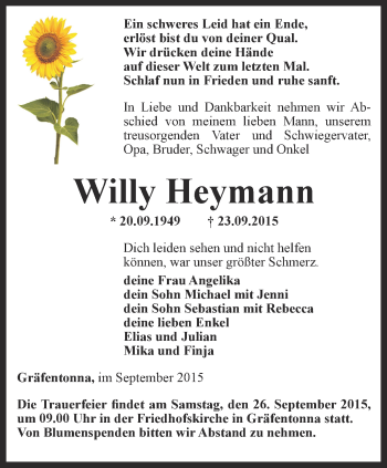 Traueranzeige von Willy Heymann von Thüringer Allgemeine, Thüringische Landeszeitung