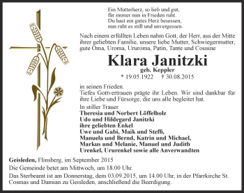 Traueranzeige von Klara Janitzki von Thüringer Allgemeine