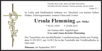 Traueranzeige von Ursula Flemming von Ostthüringer Zeitung, Thüringische Landeszeitung