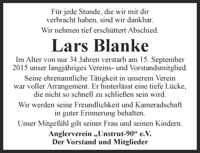  Traueranzeige für Lars Blanke vom 26.09.2015 aus Thüringer Allgemeine