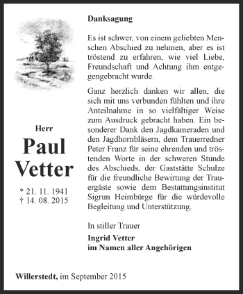 Traueranzeige von Paul Vetter von Thüringer Allgemeine, Thüringische Landeszeitung