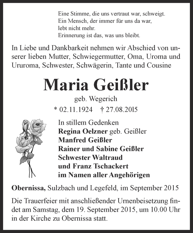 Traueranzeigen Von Maria Gei Ler Trauer In Thueringen De