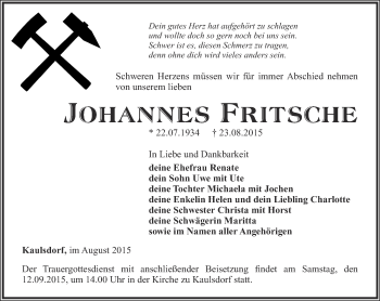Traueranzeige von Johannes Fritsche von Ostthüringer Zeitung