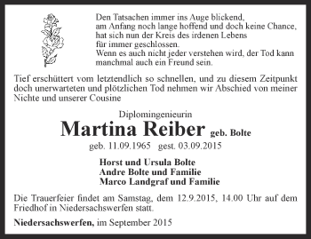 Traueranzeige von Martina Reiber von Thüringer Allgemeine